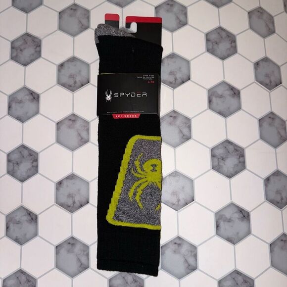 Spyder Ski Socks 1 Pair Full Cushion Black Gray Yellow Shoe Size 4-10 NWT - Picture 1 of 6